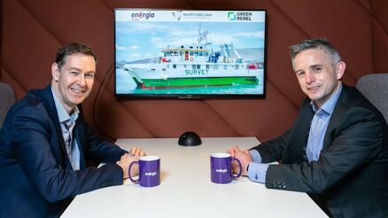 Peter Baillie, MD Energia renewables with Kieran Ivers, CEO of Green Rebel at contract signing for Marine surveys for the North Celtic Sea project.