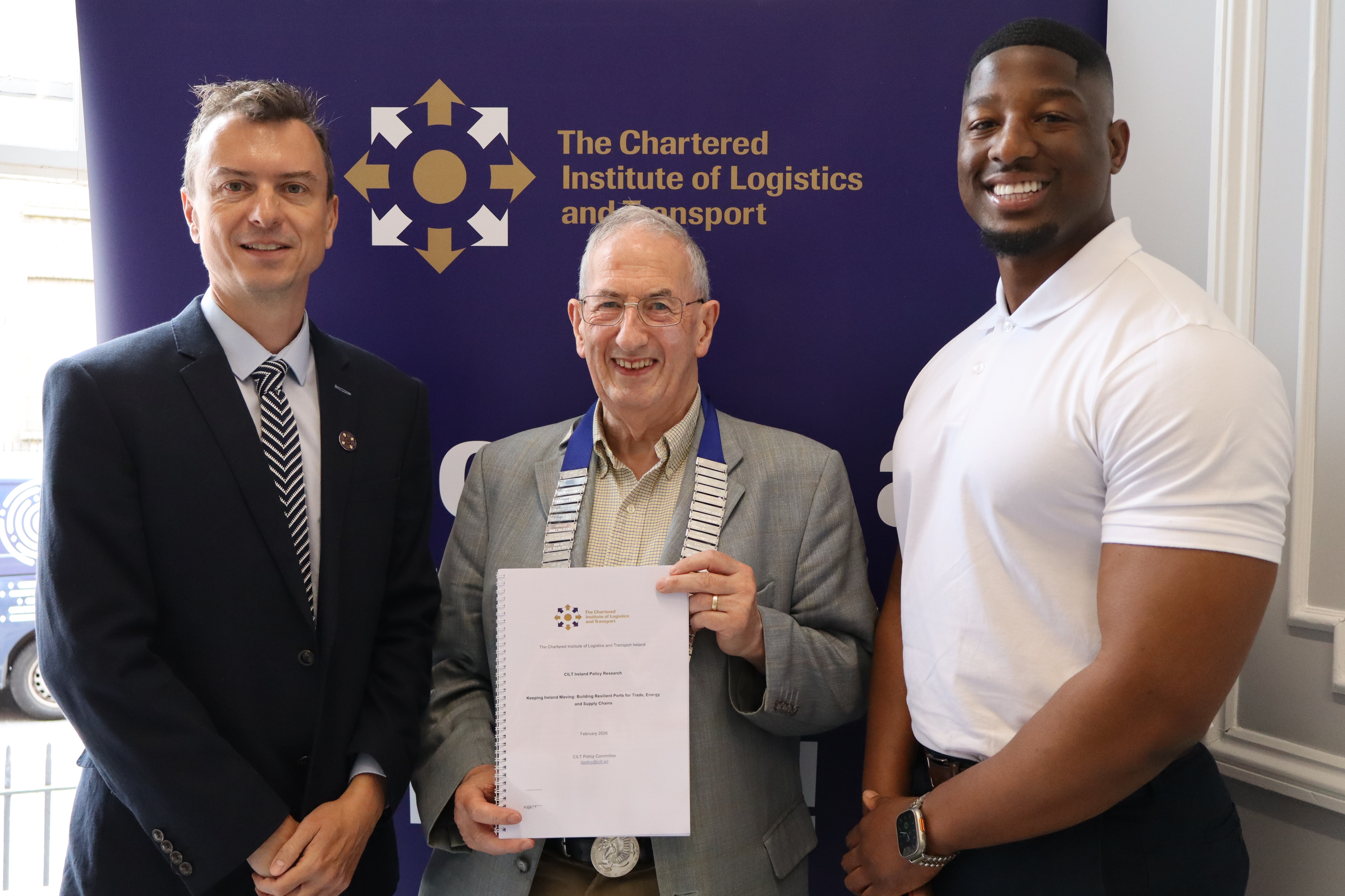 Dr Eoin Plant, Chair of CILT Policy Committee, President Tim Hayes, CILT Ireland, Chiagoziem Ozoani, lead researcher CILT Policy Committee. 