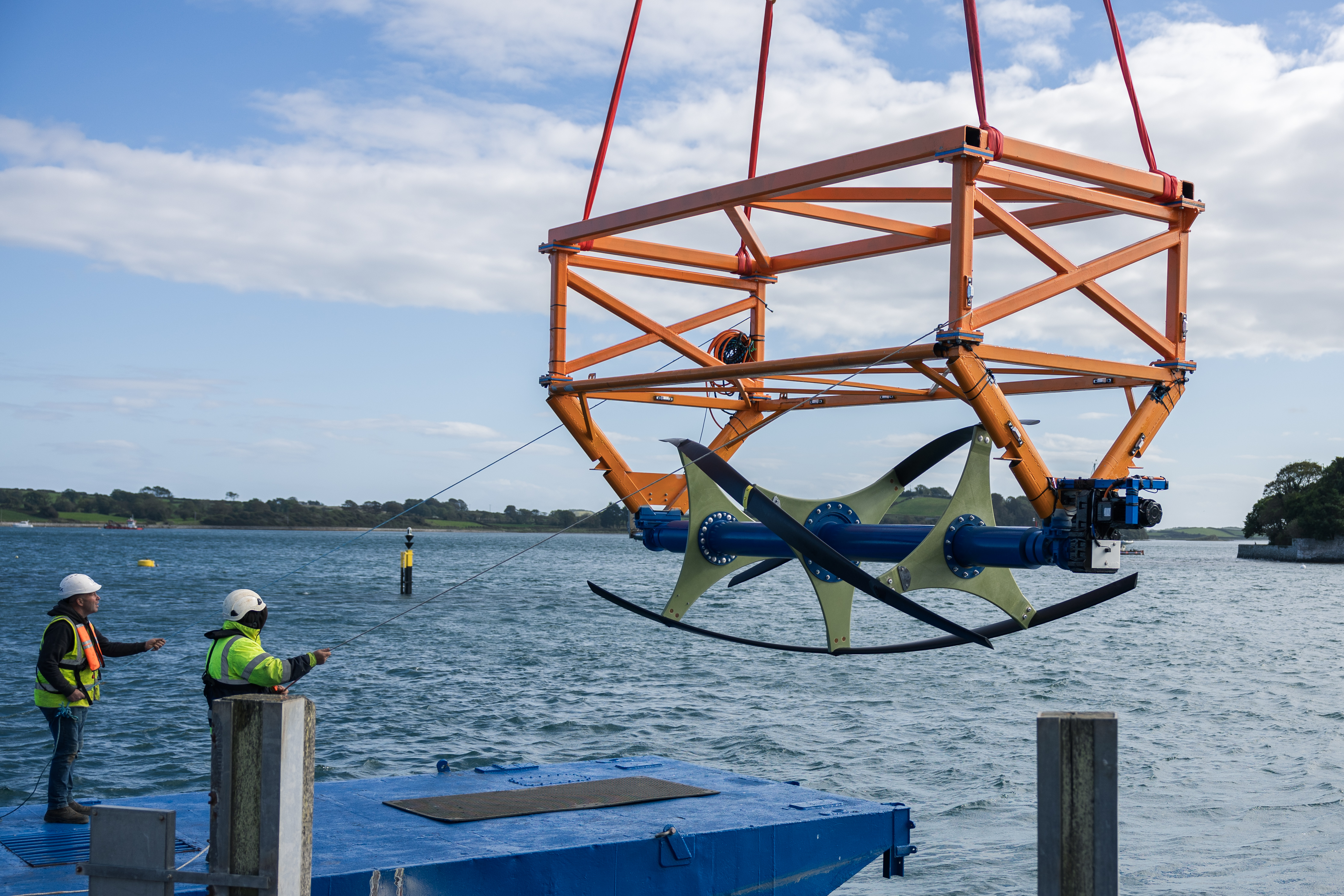 ORPC cross-flow turbine being readied for installation at the Queen’s Marine Laboratory (QML) Tidal Test Site in Strangford Lough, Northern Ireland by Cuan Marine Services (Image courtesy of ORPC)